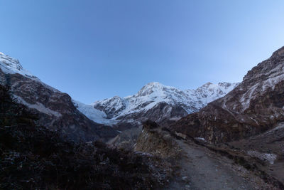 Scenic view of snowcapped mountains against clear blue sky