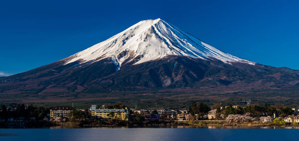 Scenic view of snowcapped mountains against clear blue sky