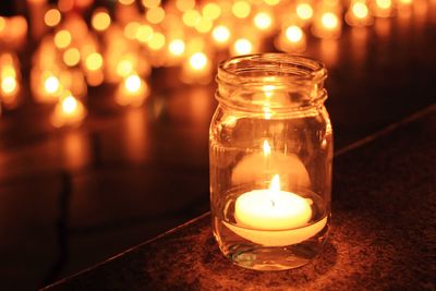 Lit tea light candle in glass jar