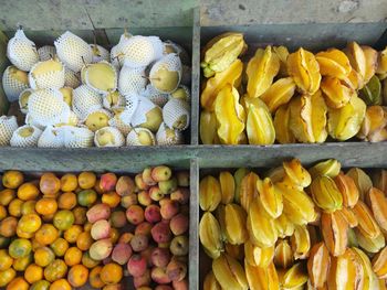 High angle view of fruits for sale at market stall