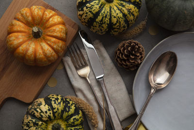 High angle view of pumpkins on table