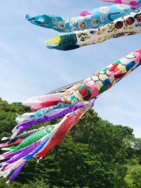 Low angle view of multi colored decorations hanging on tree against sky