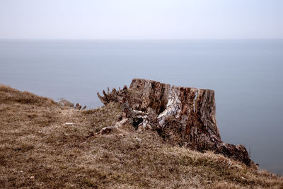 Rock formation in sea against clear sky