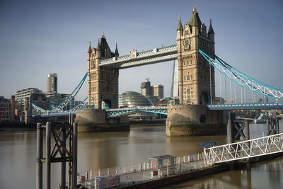 Bridge over river with city in background