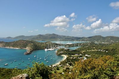 High angle view of bay against sky