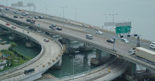 High angle view of bridge over highway in city