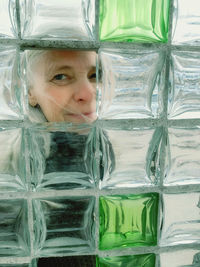 Close-up portrait of woman looking through glass