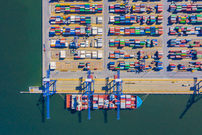 Aerial top view container cargo ship waiting for loading, import export logistic and transportation