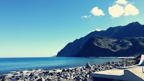 Scenic view of sea and mountains against clear blue sky