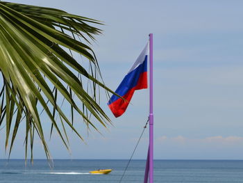 Flag on beach against sky