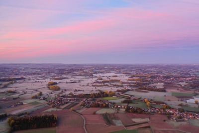 High angle view of townscape against sky during sunset