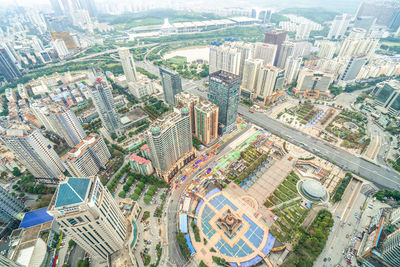 High angle view of modern buildings in city