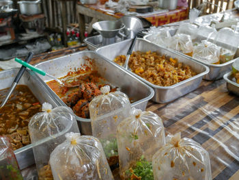 High angle view of food on table at market