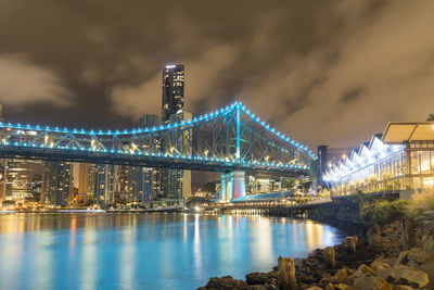 Illuminated city at night with bridge