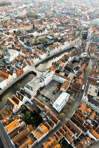 Aerial view of city with little houses and canals, bruges