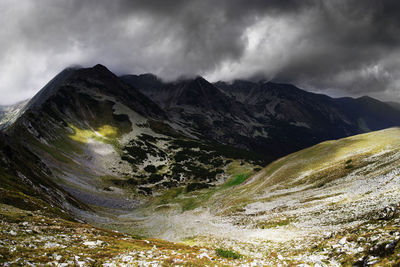 Scenic view of mountains against cloudy sky