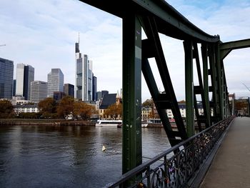 Bridge over river with buildings in background