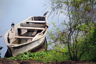 Boat moored on lake against trees