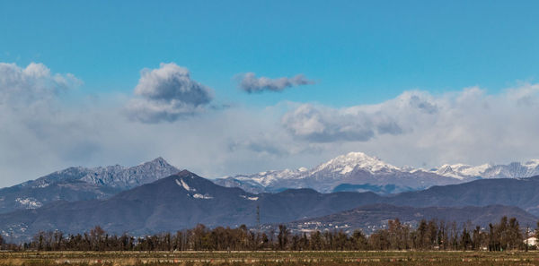 Scenic view of snowcapped mountains against sky