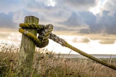 Rope tied to wooden post against cloudy sky