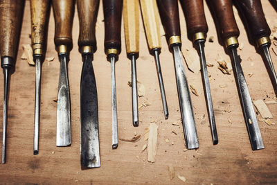 High angle view of tools on table