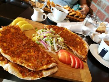 Close-up of food served on table