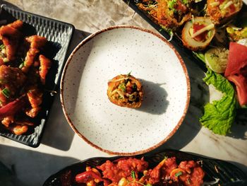 High angle view of food in plate on table