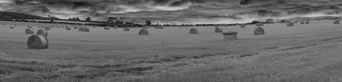 View of field against cloudy sky