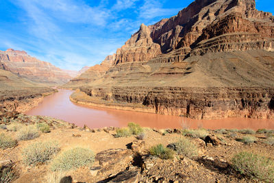 Scenic view of river with mountains in background