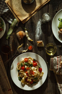 High angle view of meal served on table