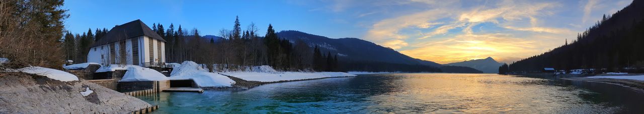 Panoramic view of lake against sky during sunset