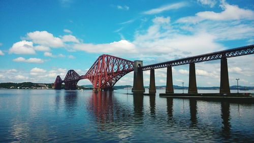 Bridge over river against cloudy sky