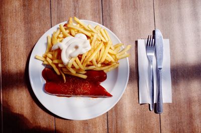 High angle view of food in plate on table