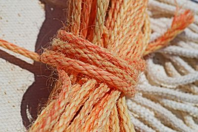 High angle view of tied ropes