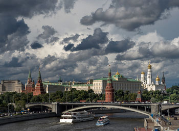 City skyline against cloudy sky