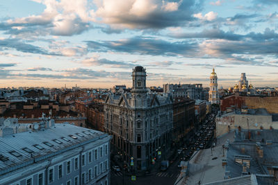 Cityscape of neoclassicism house with tower on five corners square in st petersburg, russia