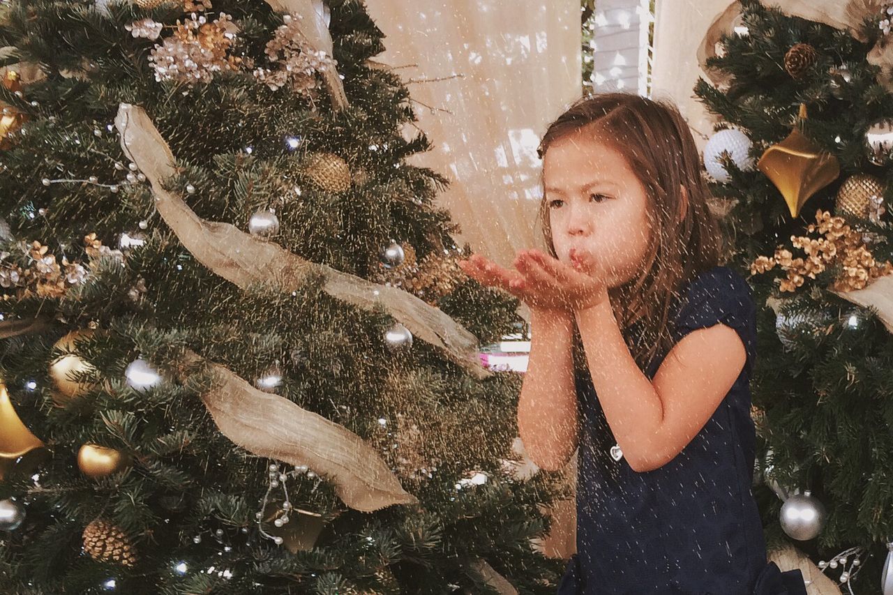 lifestyles, leisure activity, celebration, person, childhood, enjoyment, happiness, standing, fun, front view, indoors, girls, christmas, looking at camera, water, tree, elementary age, reflection