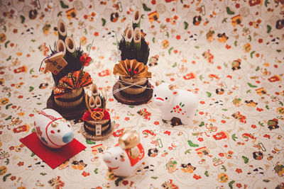 High angle view of candies on table