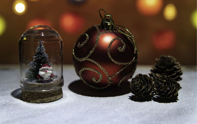 Close-up of christmas decoration on table