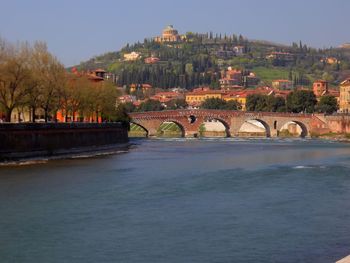 Bridge over river with buildings in background