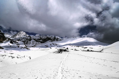 Scenic view of snow covered mountains against sky