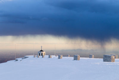 Snow covered landscape against sky