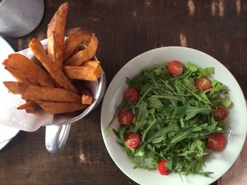 High angle view of salad in plate on table