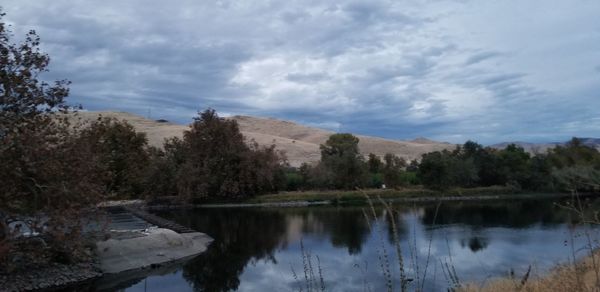 Reflection of trees in lake against sky