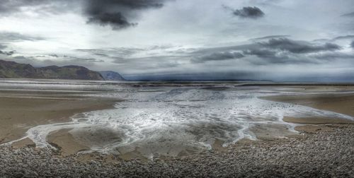 Scenic view of beach against cloudy sky