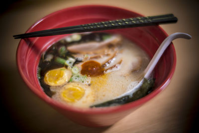 High angle view of soup in bowl