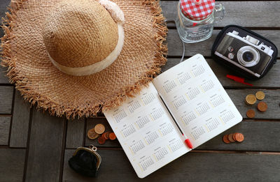 High angle view of objects on table