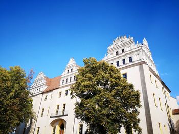 Low angle view of trees and building against blue sky