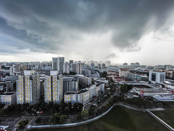 High angle view of buildings against sky