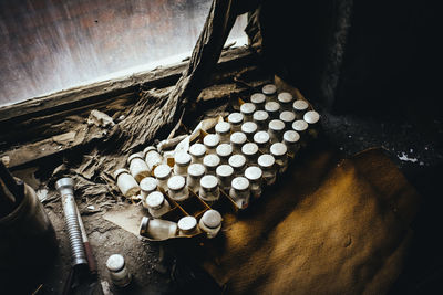 High angle view of shells on table